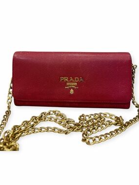 PRADA 1BP290 Saffiano Lux Fuoco Red Chain Wallet Crossbody Shoulder Bag Italy